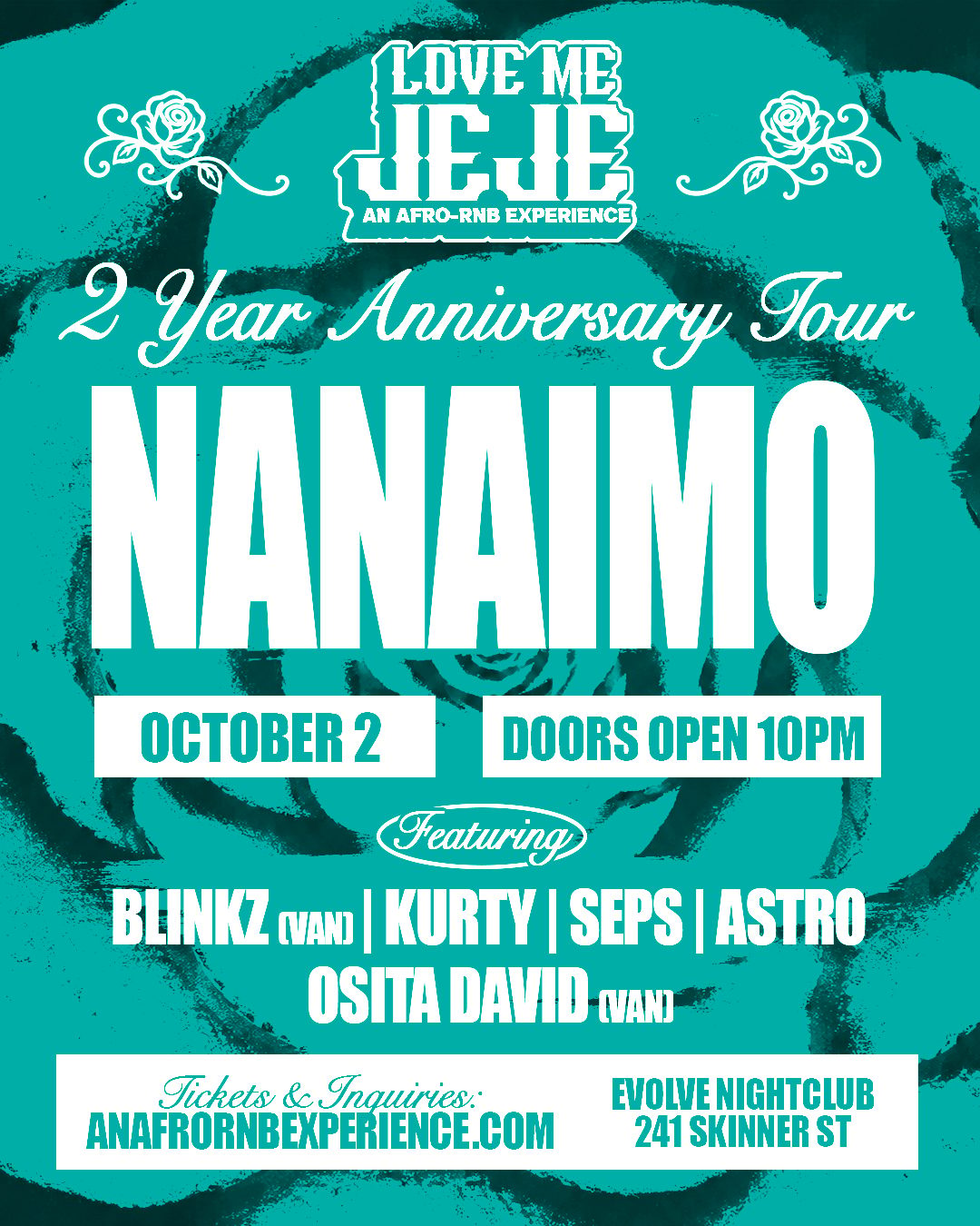 LOVE ME JEJE — Nanaimo, Friday, October 2, 2026 event poster
